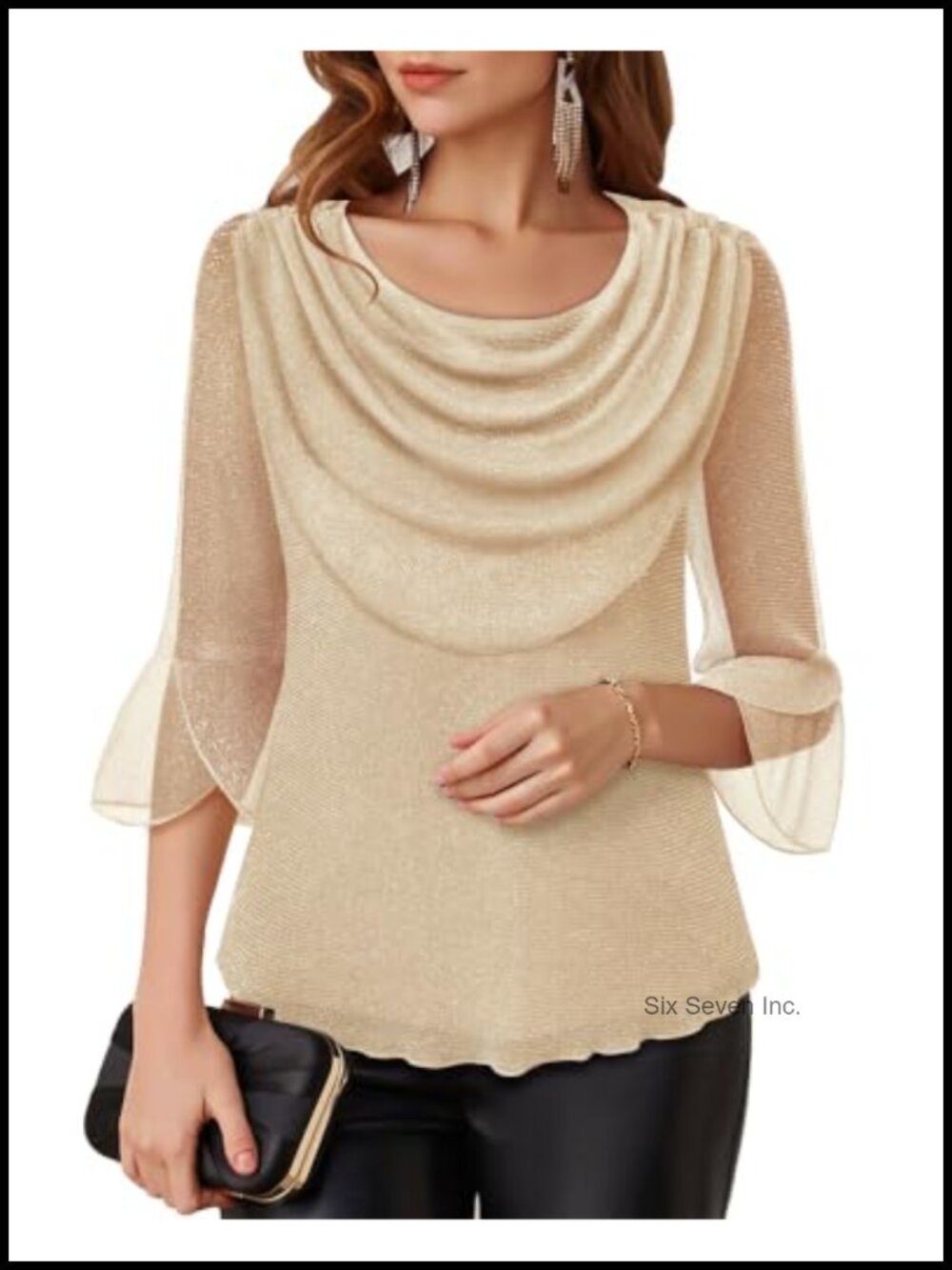 Women's Glittery Dressy Blouse Cowl Neck 3/4 Sleeve Evening Top